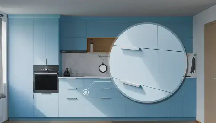 Прямая кухня Альба 3 м с фасадами AGT Ocean Blue 736, детали фурнитуры