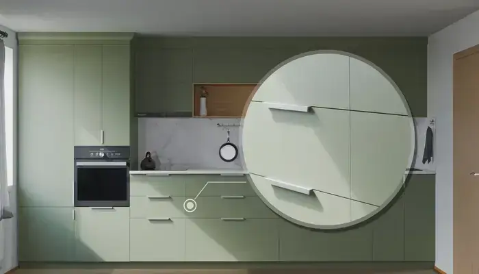 Прямая кухня Альба 3 м с фасадами Olive Green 3097, детали фурнитуры