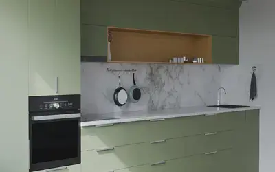 Прямая кухня Альба 3 м, фасады AGT Olive Green 3097, вид слева