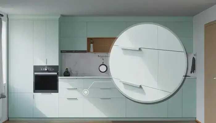 Прямая кухня Альба 3 м с фасадами AGT Relax green 735, детали фурнитуры