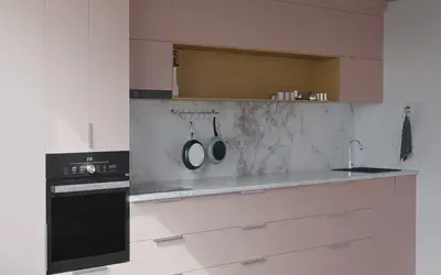 Прямая кухня Альба 3 м, фасады AGT Sakura Pink 3114, вид слева