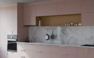 Прямая кухня Альба 3 м, фасады AGT Sakura Pink 3114, вид справа