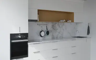 Прямая кухня Альба 3 м, фасады AGT Soft Touch White 734, вид слева