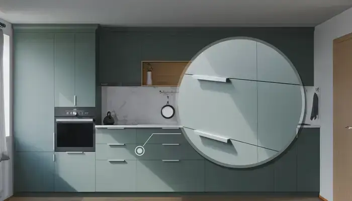 Прямая кухня Альба 3 м с фасадами AGT Forest Green 3027, детали фурнитуры