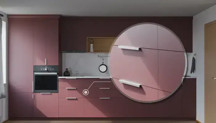 Прямая кухня Альба 3 м с фасадами AGT Rustic Red 3026, детали фурнитуры