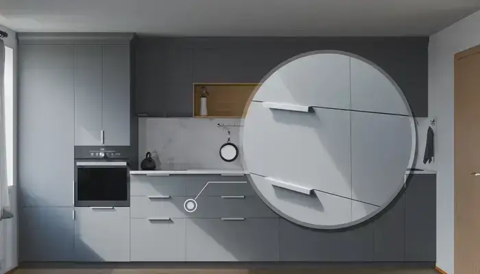 Прямая кухня Альба 3 м с фасадами AGT Royal Grey 3022, детали фурнитуры
