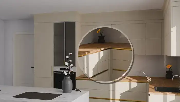 Угловая кухня «Мирель» 4 × 2 м, фасады AGT Sahara Cream 3019, детали фурнитуры