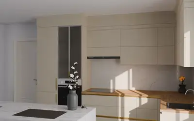 Кухня «Мирель» 4 × 2 м в цвете светлая дюна / Sahara Cream 3019 ракурс 1