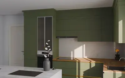 Кухня «Мирель» 4 × 2 м в цвете оливковый зелёный / Olive Green 3097 ракурс 1