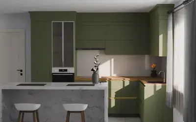 Кухня «Мирель» 4 × 2 м в цвете оливковый зелёный / Olive Green 3097 ракурс 3