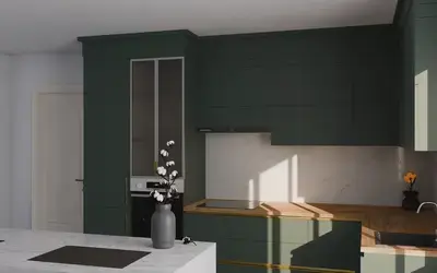 Кухня «Мирель» 4 × 2 м в цвете лесной зелёный / Forest Green 3027 ракурс 1