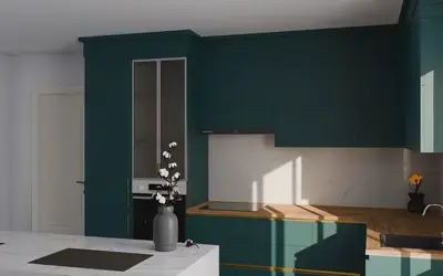 Кухня «Мирель» 4 × 2 м в цвете тёмная морская волна / Glamorous Pacific 3029 ракурс 1