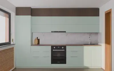 Кухня «Элион» 3.4 м. с фасадами AGT в цвете спокойный зелёный / Relax green 735 ракурс 1