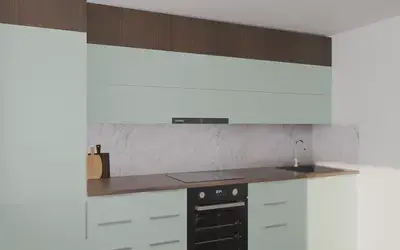 Кухня «Элион» 3.4 м. с фасадами AGT в цвете спокойный зелёный / Relax green 735 ракурс 2