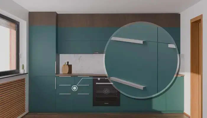 Кухня «Элион» 3.4 м. в цвете тёмная морская волна / Glamorous Pacific 3029: фурнитура