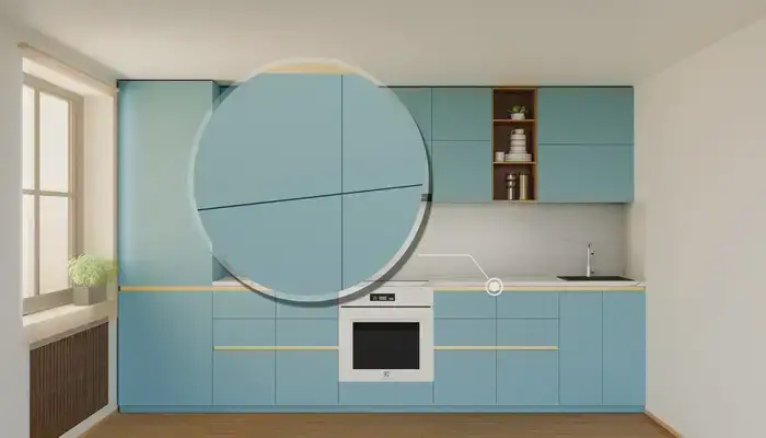 Кухня «Айвори» 3,3 м. в цвете океанский синий / AGT Ocean Blue 736: фурнитура