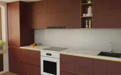 Кухня «Айвори» 3,3 м. в цвете тёмный терракотовый / Rustic Red 3026 ракурс 3