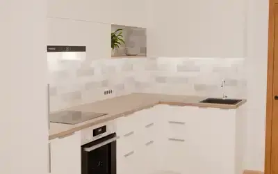 Кухня «Мирен» 3,6 × 1,6 м в цвете белый / White 734 ракурс 3