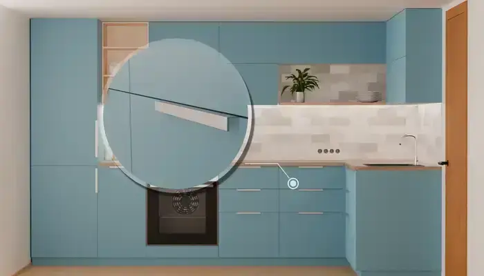 Кухня «Мирен» 3,6 × 1,6 м в цвете океанский синий / AGT Ocean Blue 736: фурнитура