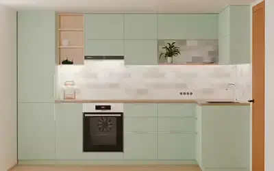 Кухня «Мирен» 3,6 × 1,6 м в цвете спокойный зелёный / Relax green 735 ракурс 1