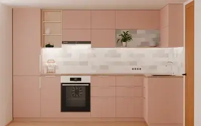 Кухня «Мирен» 3,6 × 1,6 м в цвете розовая сакура / Sakura Pink 3114 ракурс 1