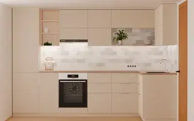 Кухня «Мирен» 3,6 × 1,6 м в цвете светлая дюна / Sahara Cream 3019 ракурс 1