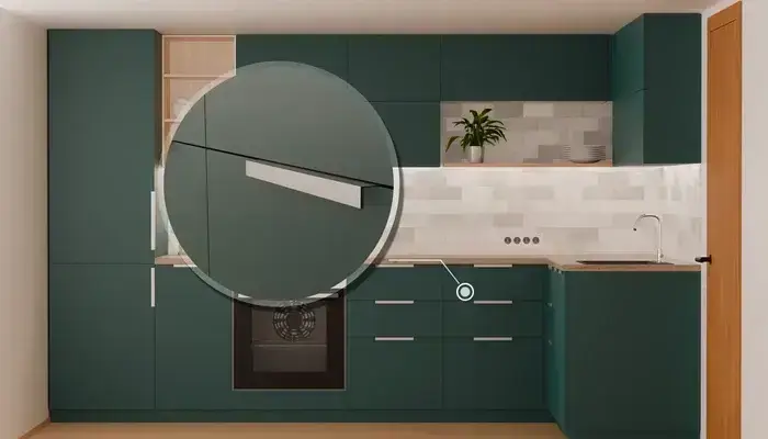 Кухня «Мирен» 3,6 × 1,6 м в цвете тёмная морская волна / Glamorous Pacific 3029: фурнитура