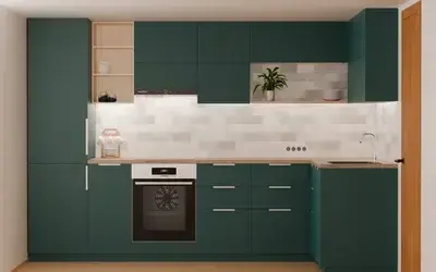 Кухня «Мирен» 3,6 × 1,6 м в цвете тёмная морская волна / Glamorous Pacific 3029 ракурс 1