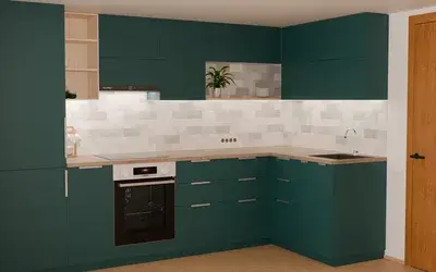 Кухня «Мирен» 3,6 × 1,6 м в цвете тёмная морская волна / Glamorous Pacific 3029 ракурс 2