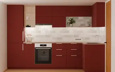 Кухня «Мирен» 3,6 × 1,6 м в цвете тёмный терракотовый / Rustic Red 3026 ракурс 1