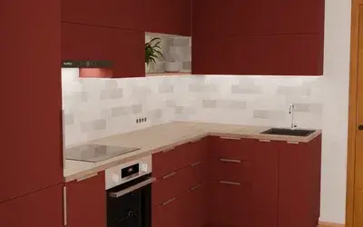 Кухня «Мирен» 3,6 × 1,6 м в цвете тёмный терракотовый / Rustic Red 3026 ракурс 3