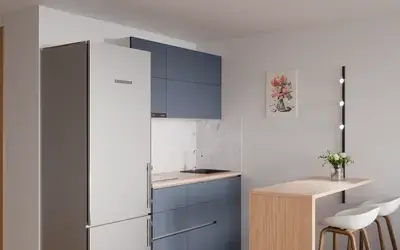 Кухня «Айрел» 1,4 м. в цвете тёмно-голубой / Olive Green 3097 ракурс 2