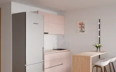 Кухня «Айрел» 1,4 м. в цвете розовая сакура / Sakura Pink 3114 ракурс 2