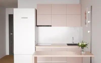 Кухня «Айрел» 1,4 м. в цвете розовая сакура / Sakura Pink 3114 ракурс 3