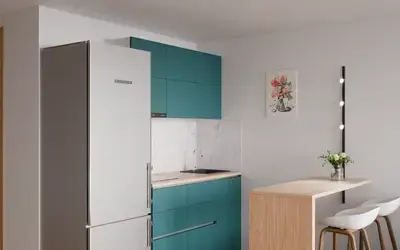 Кухня «Айрел» 1,4 м. в цвете тёмная морская волна / Glamorous Pacific 3029 ракурс 2