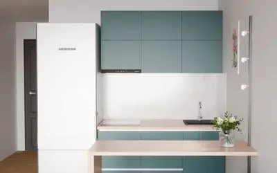 Кухня «Айрел» 1,4 м. в цвете тёмная морская волна / Glamorous Pacific 3029 ракурс 3