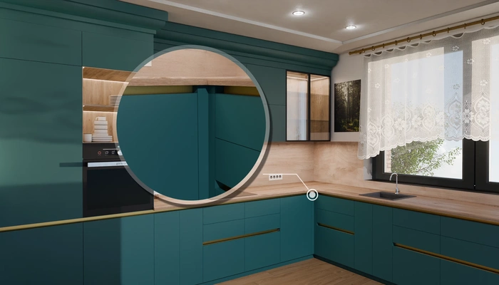 Кухня «Лиор» 3,8 × 2,7 м. в цвете тёмная морская волна / Glamorous Pacific 3029: фурнитура