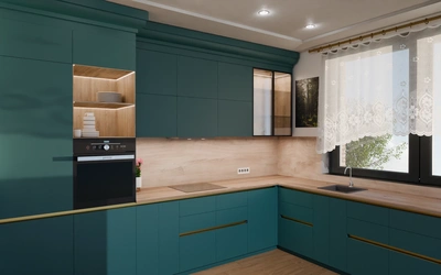 Кухня «Лиор» 3,8 × 2,7 м. в цвете тёмная морская волна / Glamorous Pacific 3029 ракурс 1