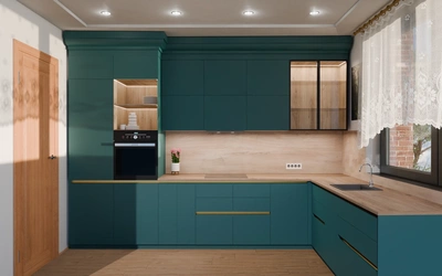 Кухня «Лиор» 3,8 × 2,7 м. в цвете тёмная морская волна / Glamorous Pacific 3029 ракурс 2