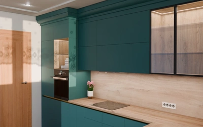 Кухня «Лиор» 3,8 × 2,7 м. в цвете тёмная морская волна / Glamorous Pacific 3029 ракурс 3