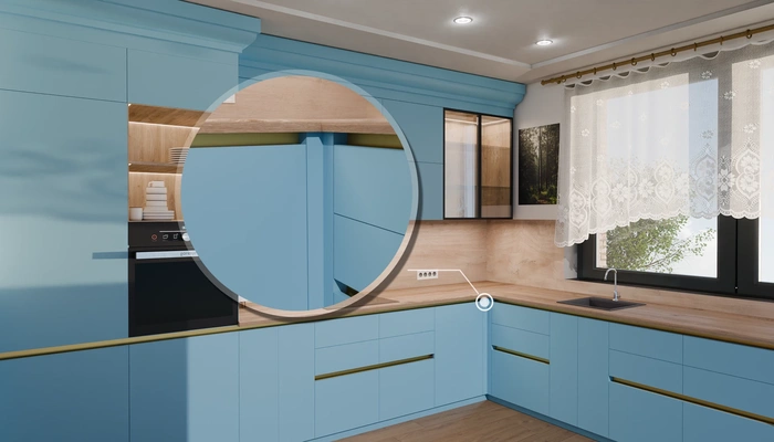Кухня «Лиор» 3,8 × 2,7 м. в цвете океанский синий / AGT Ocean Blue 736: фурнитура