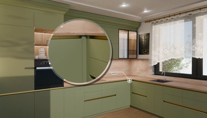 Кухня «Лиор» 3,8 × 2,7 м. в цвете оливковый зелёный / Olive Green 3097: фурнитура