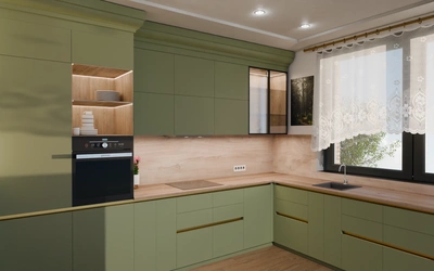 Кухня «Лиор» 3,8 × 2,7 м. в цвете оливковый зелёный / Olive Green 3097 ракурс 1