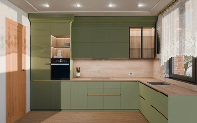 Кухня «Лиор» 3,8 × 2,7 м. в цвете оливковый зелёный / Olive Green 3097 ракурс 2