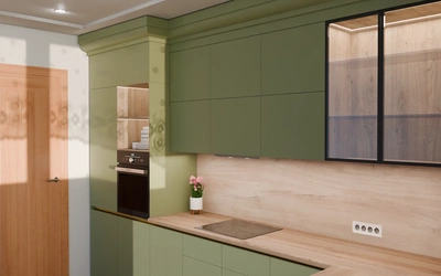 Кухня «Лиор» 3,8 × 2,7 м. в цвете оливковый зелёный / Olive Green 3097 ракурс 3