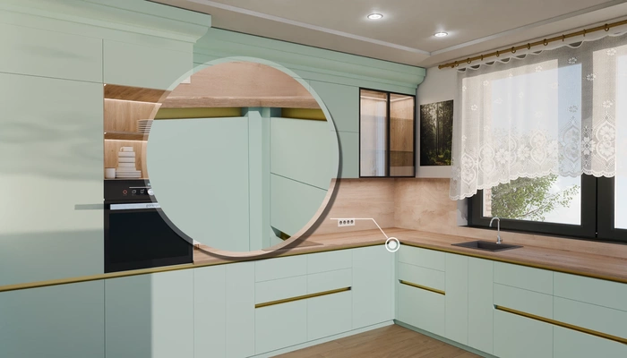 Кухня «Лиор» 3,8 × 2,7 м. в цвете спокойный зелёный / Relax green 735: фурнитура