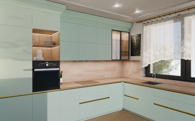 Кухня «Лиор» 3,8 × 2,7 м. в цвете спокойный зелёный / Relax green 735 ракурс 1