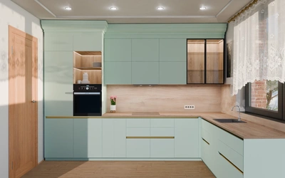 Кухня «Лиор» 3,8 × 2,7 м. в цвете спокойный зелёный / Relax green 735 ракурс 2