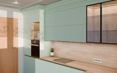 Кухня «Лиор» 3,8 × 2,7 м. в цвете спокойный зелёный / Relax green 735 ракурс 3