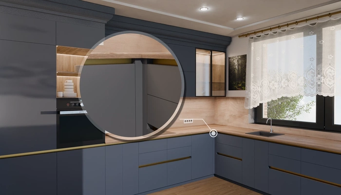 Кухня «Лиор» 3,8 × 2,7 м. в цвете тёмно-голубой / Sky Blue 3091: фурнитура
